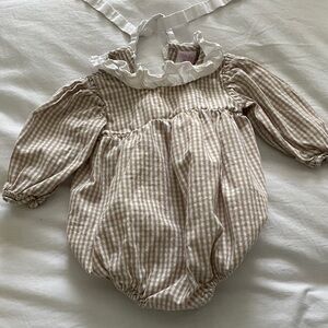 Classic Beige Gingham Baby One-Piece Romper with Ruffle Collar